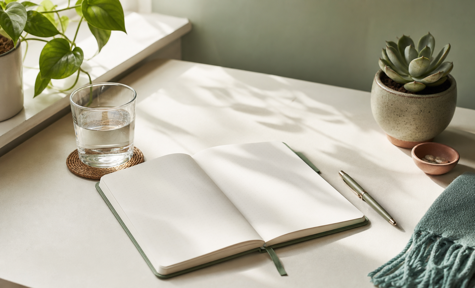 Calm planning desk used to note sleep timing and bedtime options